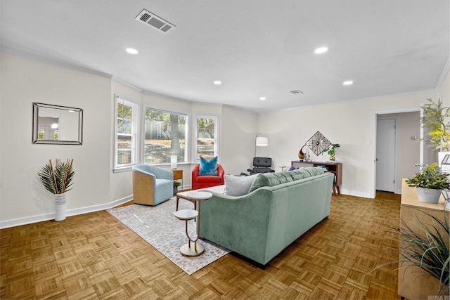 living room featuring parquet flooring and crown molding