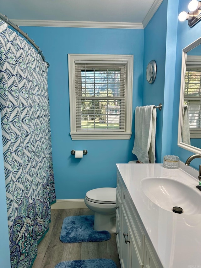 bathroom featuring a wealth of natural light, vanity, hardwood / wood-style flooring, and toilet