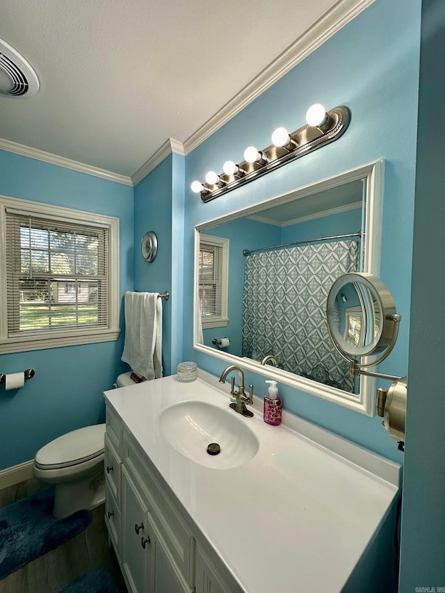 bathroom with vanity, crown molding, and toilet