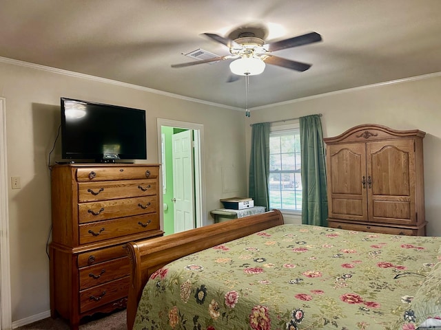 bedroom with crown molding and ceiling fan