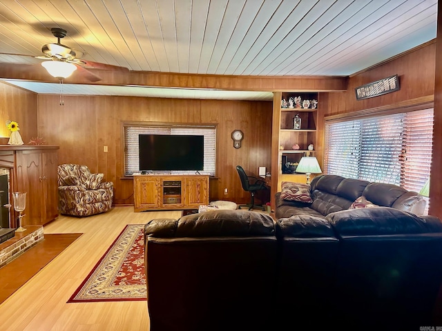 living room with wooden walls, wood ceiling, hardwood / wood-style flooring, and built in features