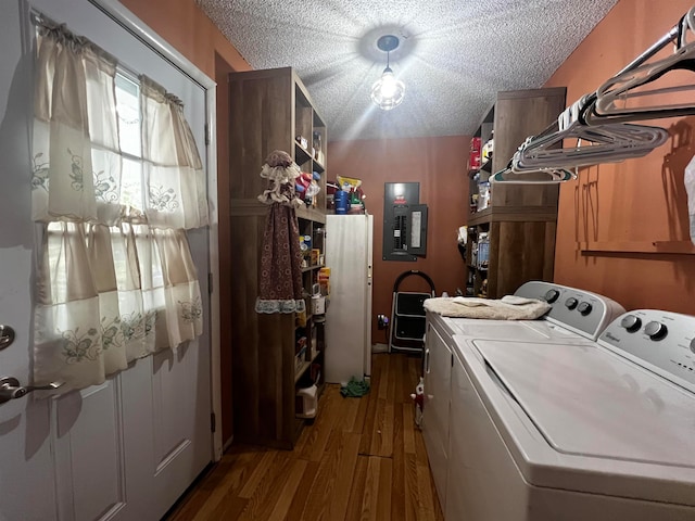 washroom featuring dark wood-type flooring, a textured ceiling, electric panel, and washing machine and clothes dryer