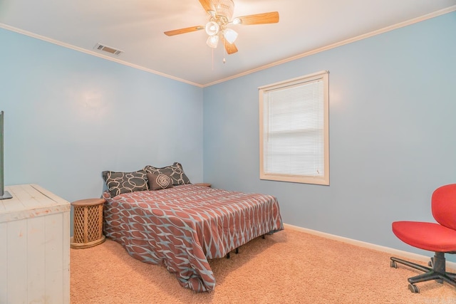 bedroom featuring carpet, crown molding, visible vents, ceiling fan, and baseboards