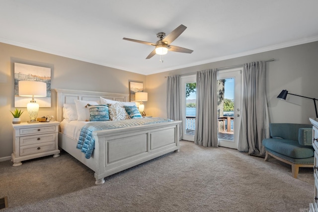 carpeted bedroom featuring ornamental molding, access to outside, and ceiling fan