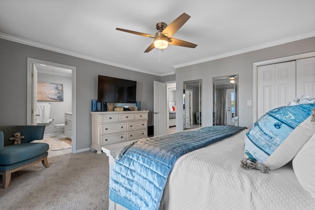 carpeted bedroom featuring ornamental molding, ensuite bathroom, a closet, and ceiling fan