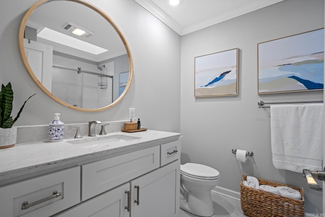 bathroom with toilet, an enclosed shower, vanity, and crown molding