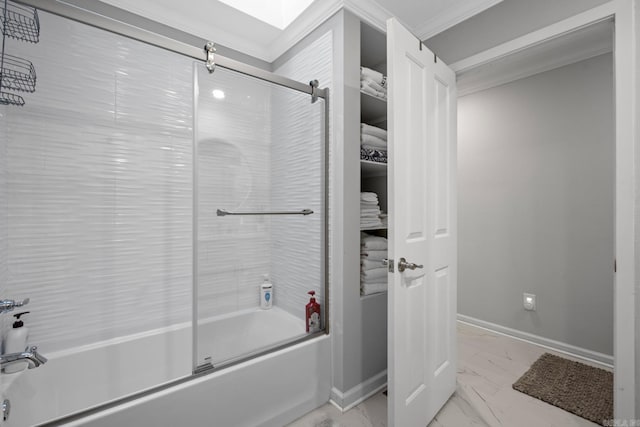 bathroom featuring crown molding, combined bath / shower with glass door, and a skylight