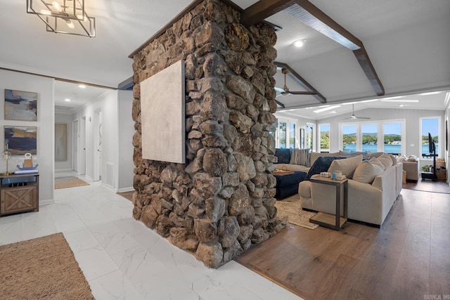 living room with ceiling fan, crown molding, light hardwood / wood-style flooring, and vaulted ceiling with beams