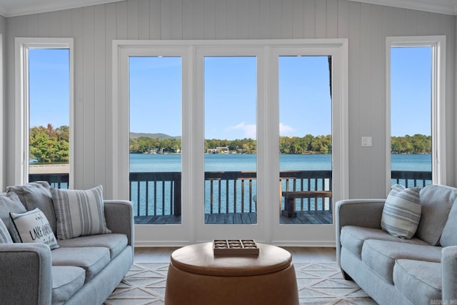 living room with vaulted ceiling, wooden walls, a water view, and light wood-type flooring