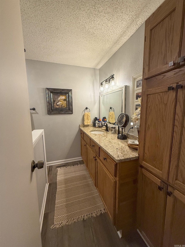 bathroom with vanity, a textured ceiling, and wood-type flooring