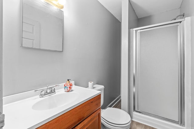 bathroom featuring vanity, toilet, hardwood / wood-style flooring, and an enclosed shower