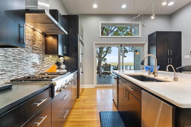 kitchen featuring tasteful backsplash, light hardwood / wood-style flooring, stainless steel appliances, wall chimney exhaust hood, and sink