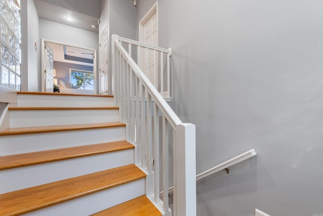 staircase featuring hardwood / wood-style flooring