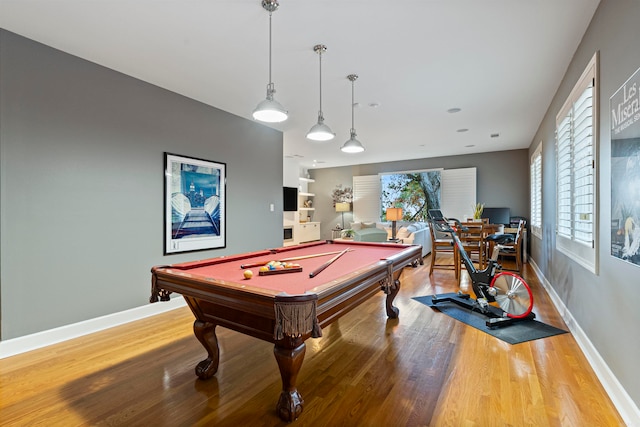 rec room featuring hardwood / wood-style floors, billiards, and plenty of natural light