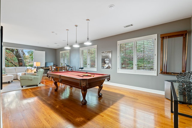 rec room featuring billiards and light wood-type flooring