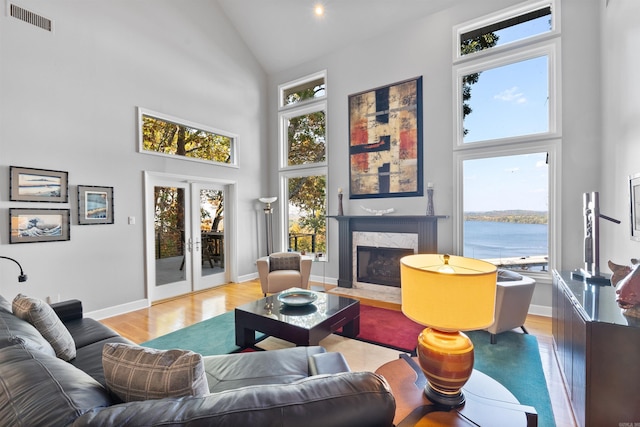 living room with a high end fireplace, a healthy amount of sunlight, high vaulted ceiling, and a water view