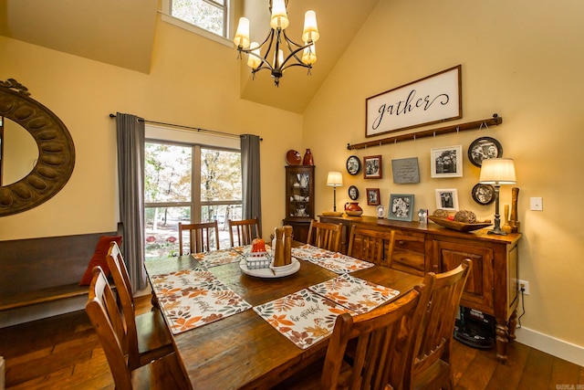 dining room with dark hardwood / wood-style flooring, high vaulted ceiling, and a wealth of natural light