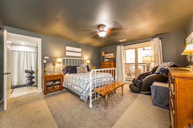 bedroom featuring light carpet and ceiling fan