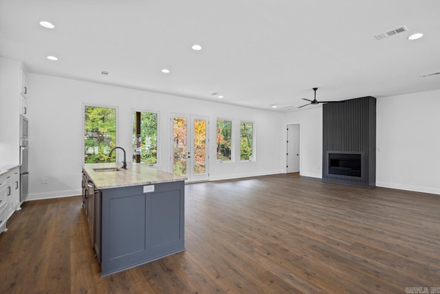 kitchen with dark wood-type flooring, sink, an island with sink, and a fireplace