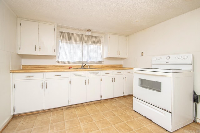 kitchen with sink, white cabinets, a textured ceiling, and white electric range