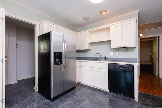 kitchen with black dishwasher, stainless steel fridge, white cabinetry, and ornamental molding