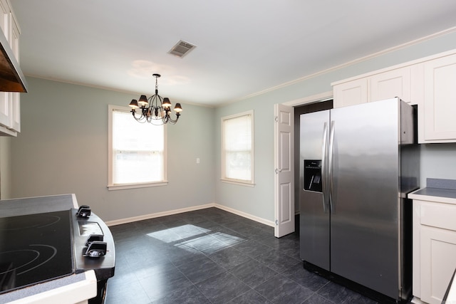 kitchen with white cabinetry, an inviting chandelier, stove, and stainless steel refrigerator with ice dispenser