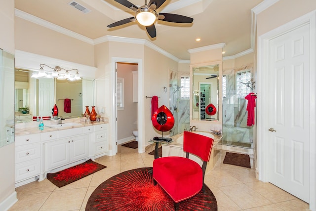 full bathroom with plus walk in shower, toilet, tile patterned flooring, crown molding, and vanity