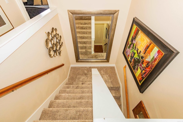 staircase featuring carpet flooring