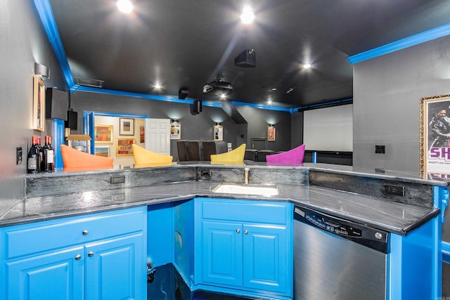 kitchen with ornamental molding, blue cabinets, stainless steel dishwasher, and sink