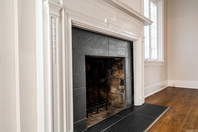 details featuring a tiled fireplace and wood-type flooring