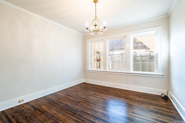 unfurnished dining area featuring crown molding, a chandelier, and dark hardwood / wood-style flooring