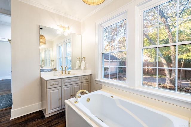 bathroom with vanity, ornamental molding, hardwood / wood-style flooring, and a bathing tub