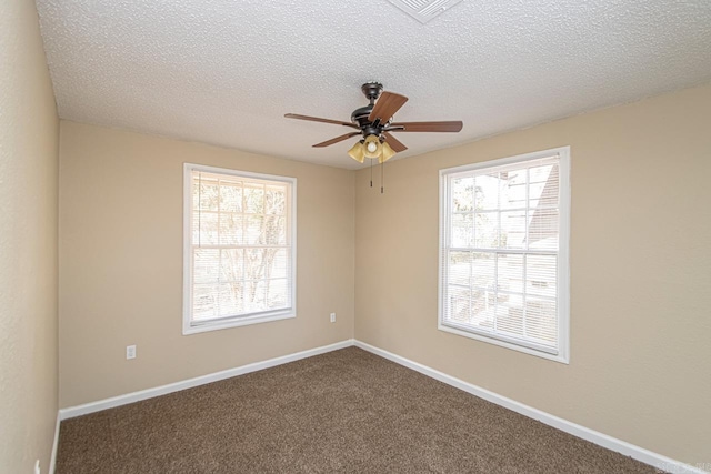 spare room featuring a textured ceiling, a healthy amount of sunlight, and carpet flooring