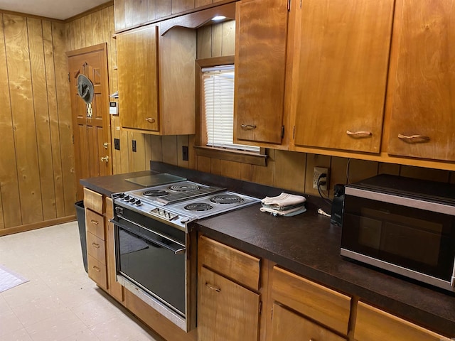 kitchen with range with electric cooktop and wooden walls