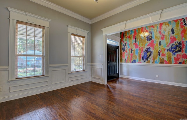 unfurnished room with crown molding and dark hardwood / wood-style floors