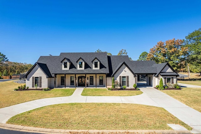 french country inspired facade featuring a front yard