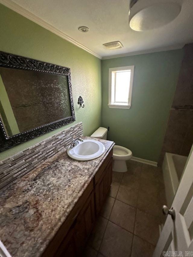 full bathroom with tile patterned floors, plus walk in shower, toilet, ornamental molding, and vanity