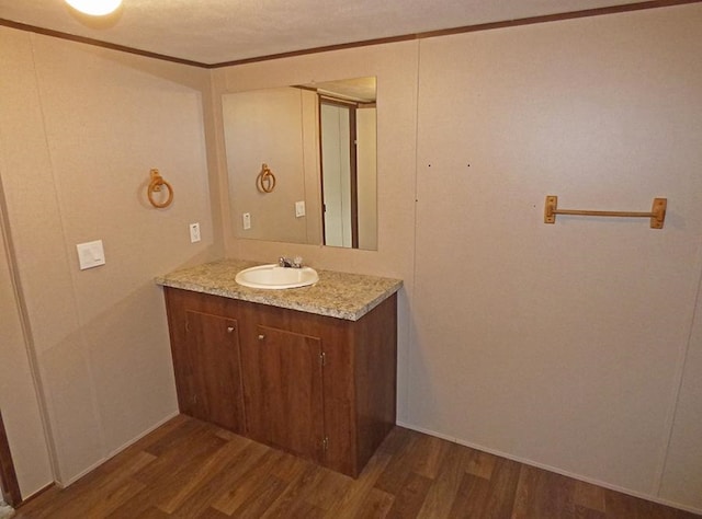 bathroom with vanity, crown molding, and hardwood / wood-style floors