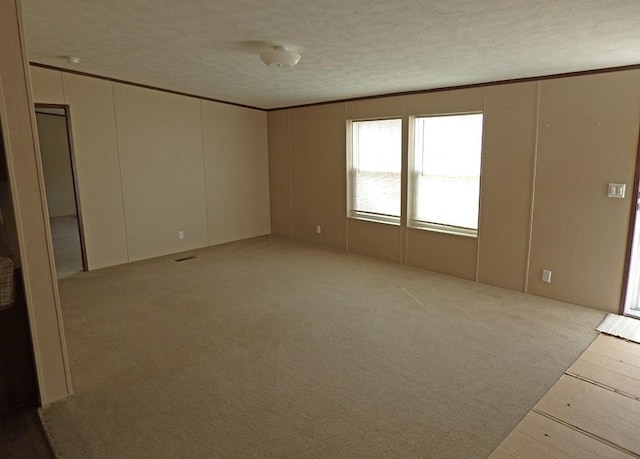 unfurnished room featuring light carpet and a textured ceiling