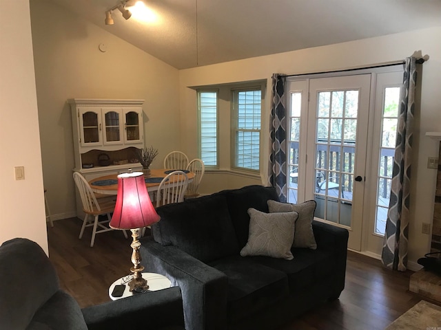 living room with vaulted ceiling and dark hardwood / wood-style floors