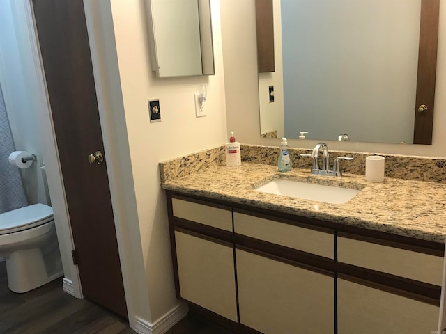 bathroom featuring vanity, toilet, and wood-type flooring