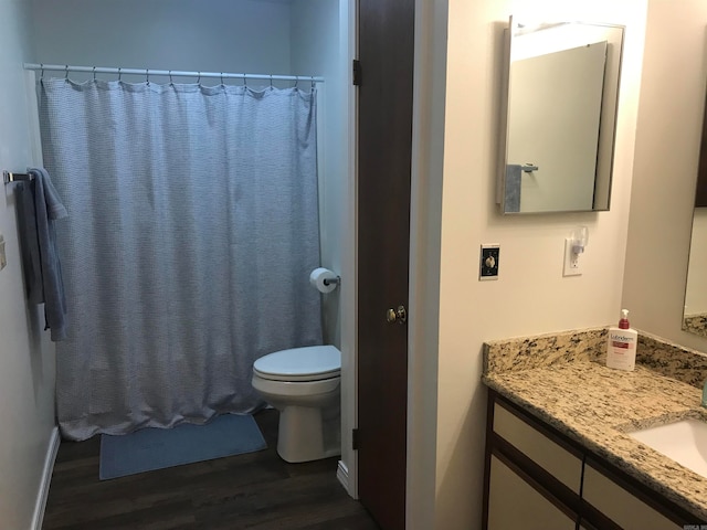 bathroom featuring toilet, vanity, wood-type flooring, and a shower with shower curtain