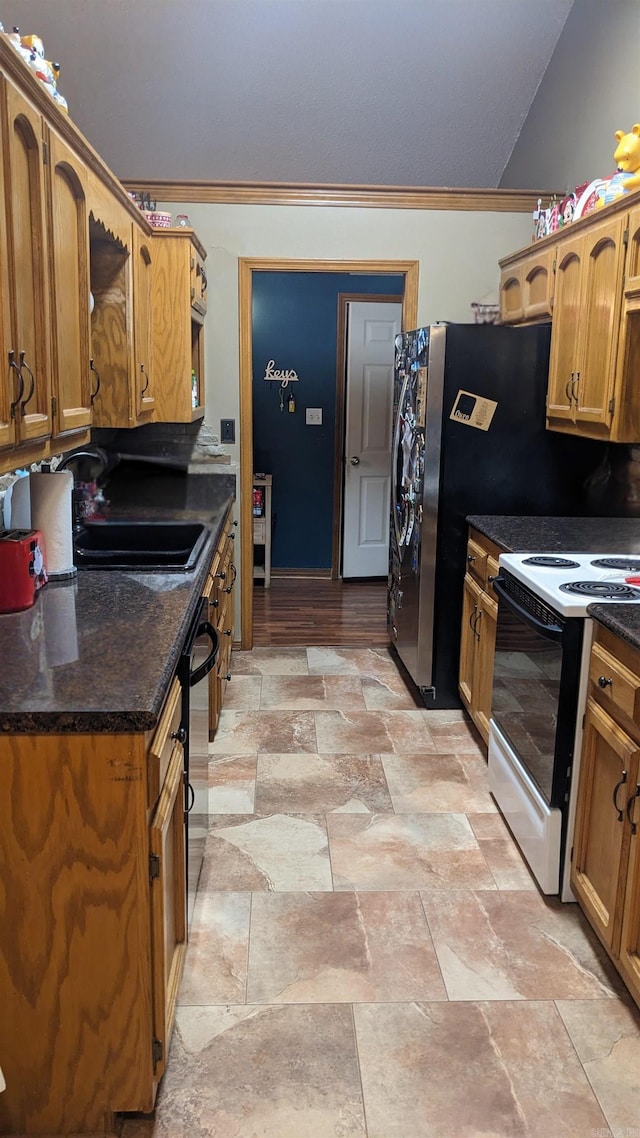 kitchen with lofted ceiling, black dishwasher, sink, crown molding, and white electric stove