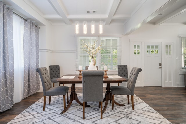 dining room with dark hardwood / wood-style floors, beam ceiling, and coffered ceiling