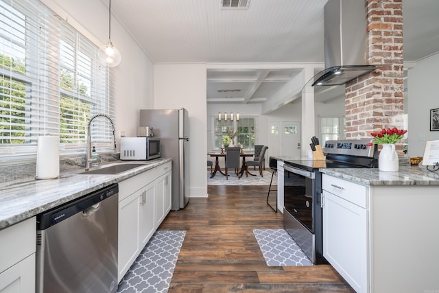 kitchen featuring a healthy amount of sunlight, appliances with stainless steel finishes, sink, dark hardwood / wood-style flooring, and hanging light fixtures