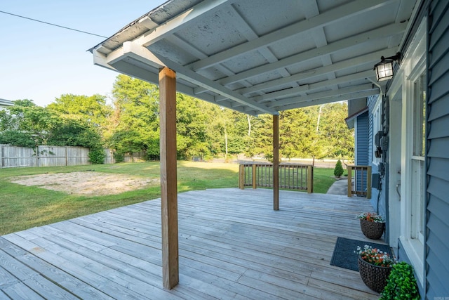 wooden terrace featuring a lawn