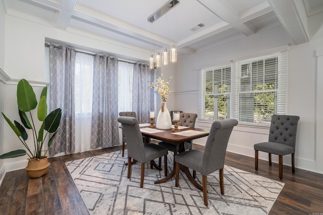 dining area with beamed ceiling, dark wood-type flooring, a notable chandelier, and coffered ceiling