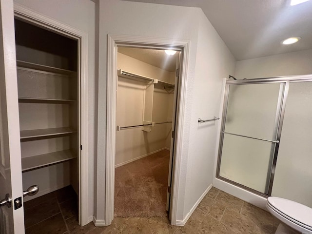 bathroom with toilet and a shower with door