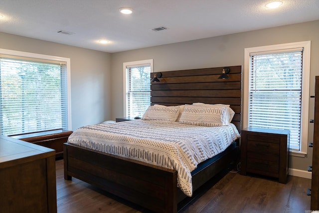 bedroom featuring dark wood-type flooring, a textured ceiling, and multiple windows