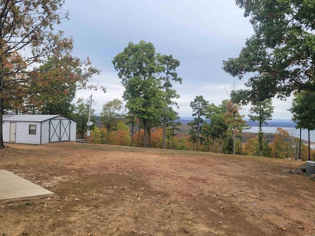 view of yard featuring a shed